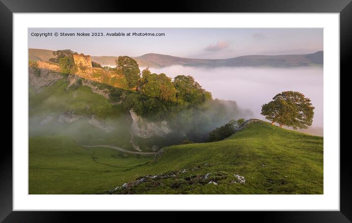 Misty sunrise at Peveril Castle in Castleton Framed Mounted Print by Steven Nokes
