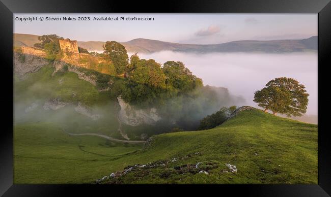 Misty sunrise at Peveril Castle in Castleton Framed Print by Steven Nokes