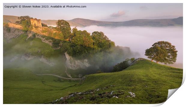 Misty sunrise at Peveril Castle in Castleton Print by Steven Nokes