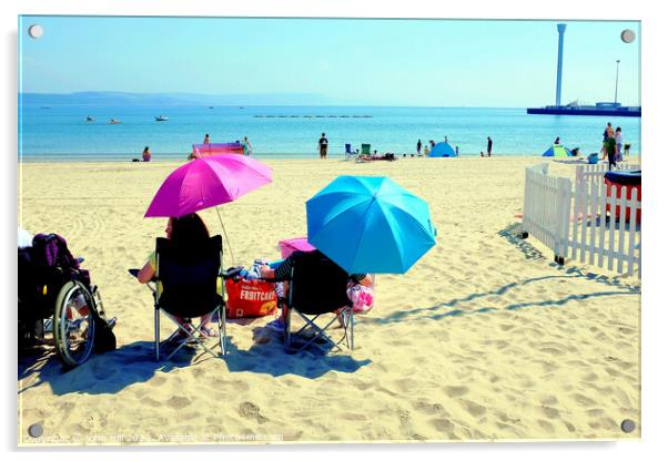 Beach Parasols, Weymouth, Dorset, UK. Acrylic by john hill