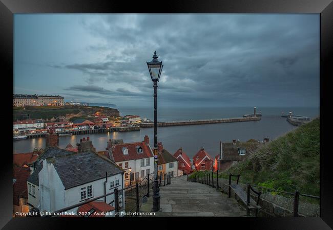 Storm clouds over Whitby 199 Steps Framed Print by Richard Perks