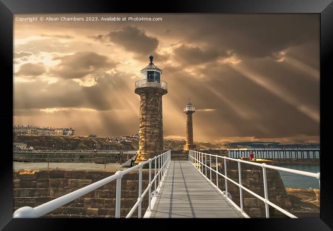 Whitby Harbour Lighthouses Framed Print by Alison Chambers