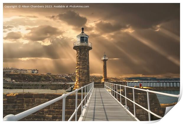 Whitby Harbour Lighthouses Print by Alison Chambers