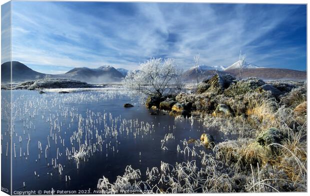 Hoar Frost on Lochan Nah Achlaise Canvas Print by Peter Paterson