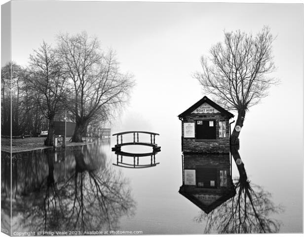 Llangorse Lake Boathouse Reflection in Monochrome. Canvas Print by Philip Veale
