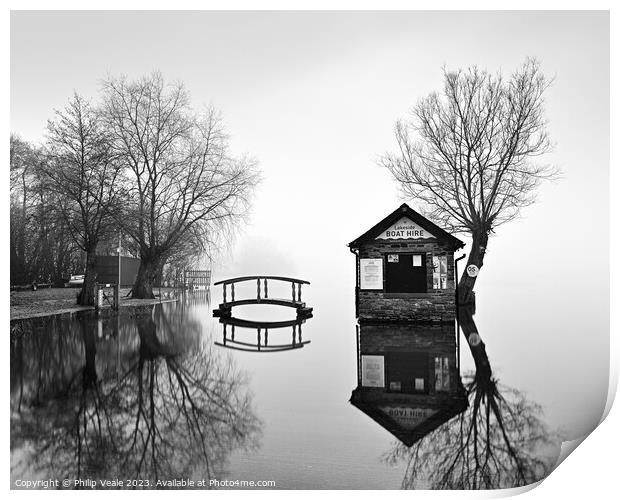 Llangorse Lake Boathouse Reflection in Monochrome. Print by Philip Veale