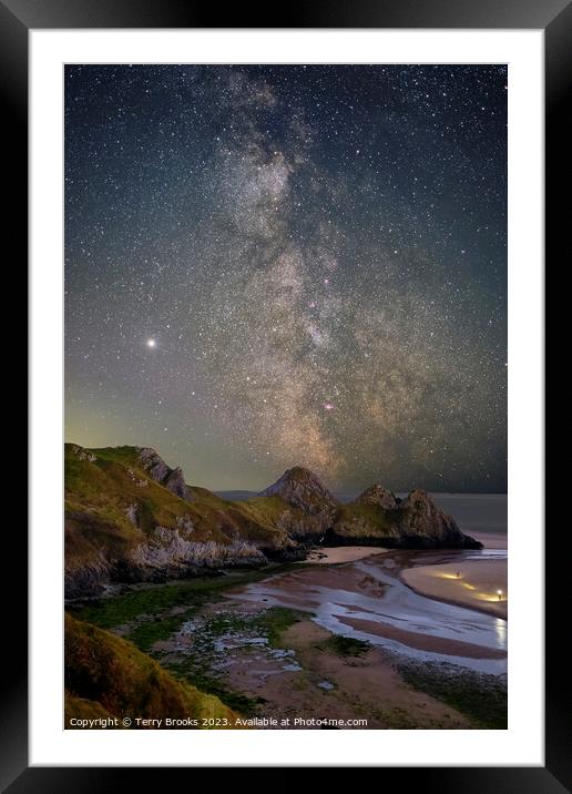 Three Cliffs Bay, Gower, Swansea with the Milky Way Framed Mounted Print by Terry Brooks