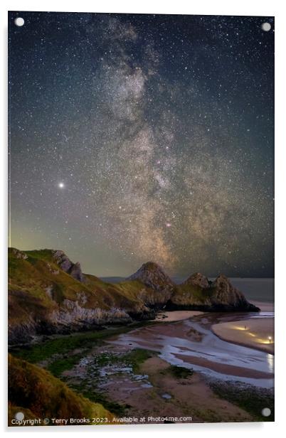 Three Cliffs Bay, Gower, Swansea with the Milky Way Acrylic by Terry Brooks