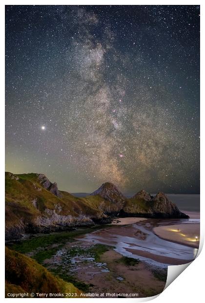 Three Cliffs Bay, Gower, Swansea with the Milky Way Print by Terry Brooks