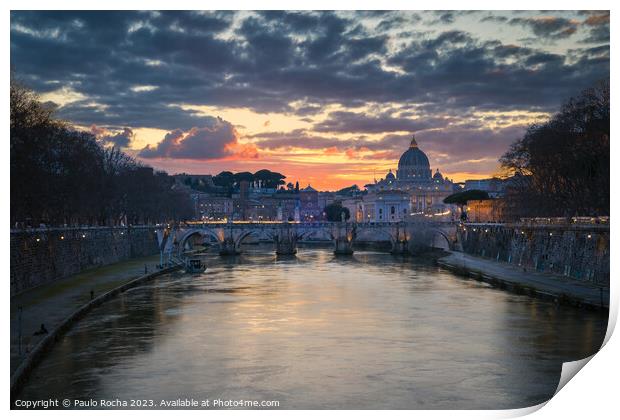 Sant Angelo bridge and St. Peter's cathedral in Rome, Italy Print by Paulo Rocha