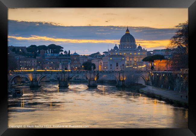 Sant Angelo bridge and St. Peter's cathedral in Rome, Italy Framed Print by Paulo Rocha
