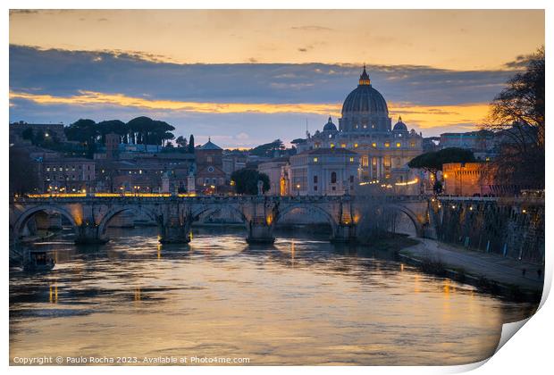 Sant Angelo bridge and St. Peter's cathedral in Rome, Italy Print by Paulo Rocha