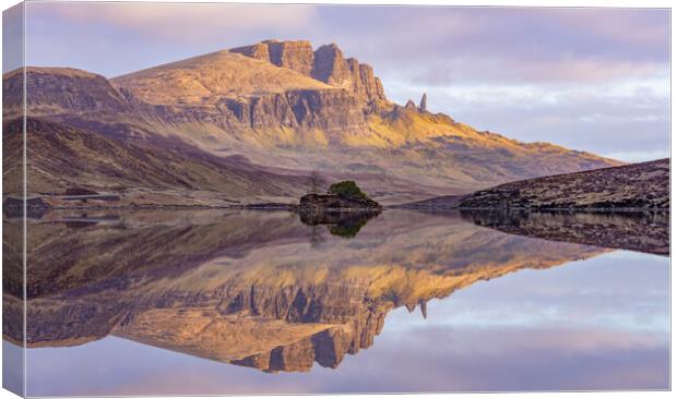 The old man of storr reflected in loch fada at Sun Canvas Print by Kevin Winter