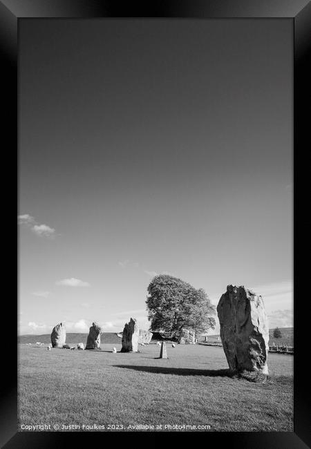 Avebury Stone Circle, in black and white Framed Print by Justin Foulkes