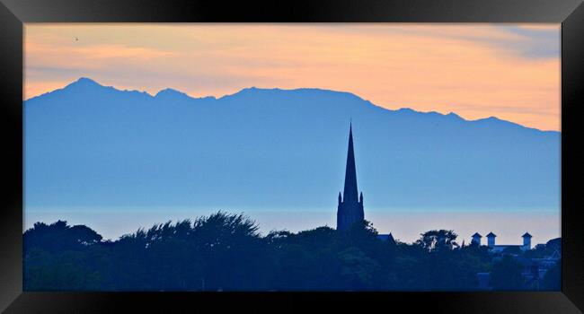 Rugged mountains on Arran and Ayr buildings Framed Print by Allan Durward Photography