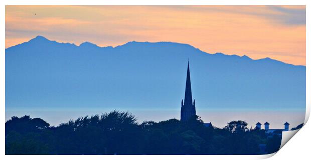 Rugged mountains on Arran and Ayr buildings Print by Allan Durward Photography