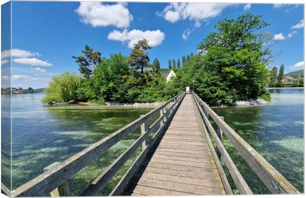 Wooden bridge over the Rhine River to monastery island of Werd near Stein am Rhein, Eschenz, Canton Thurgau, Switzerland Canvas Print by Irena Chlubna