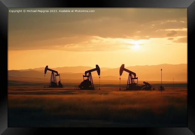 A field of oil wells pumping oil out of the ground created with  Framed Print by Michael Piepgras