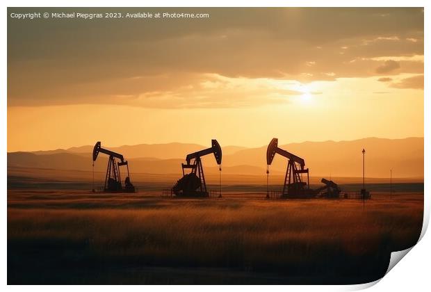 A field of oil wells pumping oil out of the ground created with  Print by Michael Piepgras