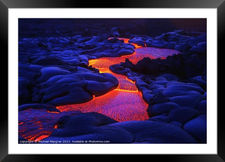 A luminous magma flow in a lava field created with generative AI Framed Mounted Print by Michael Piepgras