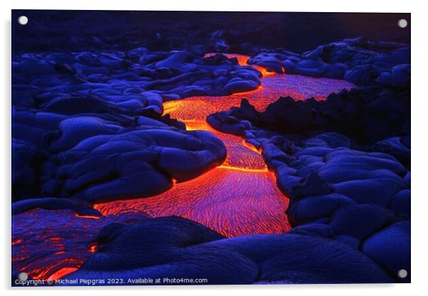 A luminous magma flow in a lava field created with generative AI Acrylic by Michael Piepgras