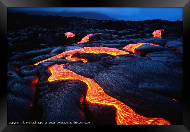 A luminous magma flow in a lava field created with generative AI Framed Print by Michael Piepgras