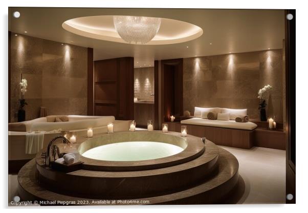 A luxury spa area with a huge bathtub and candle light created w Acrylic by Michael Piepgras
