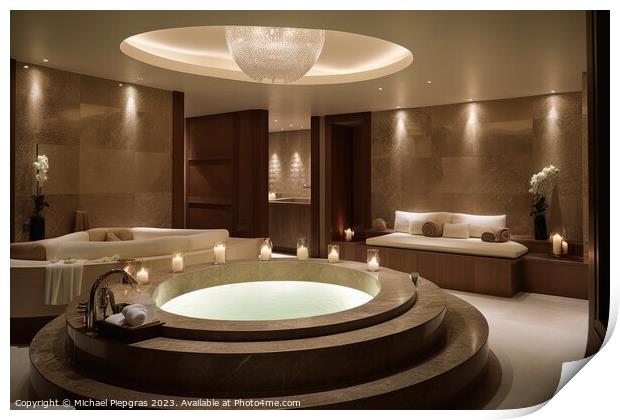 A luxury spa area with a huge bathtub and candle light created w Print by Michael Piepgras