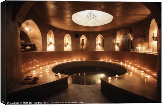 A luxury spa area with a huge bathtub and candle light created w Canvas Print by Michael Piepgras