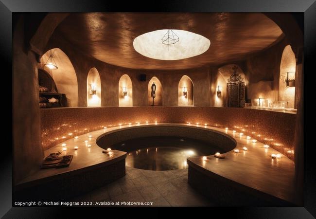A luxury spa area with a huge bathtub and candle light created w Framed Print by Michael Piepgras