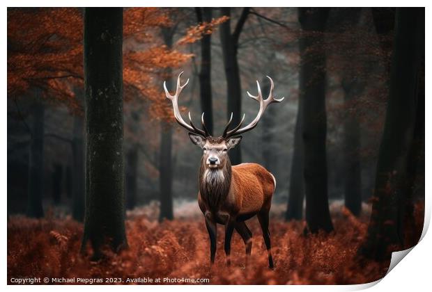 A majestic deer in front of a forest created with generative AI  Print by Michael Piepgras