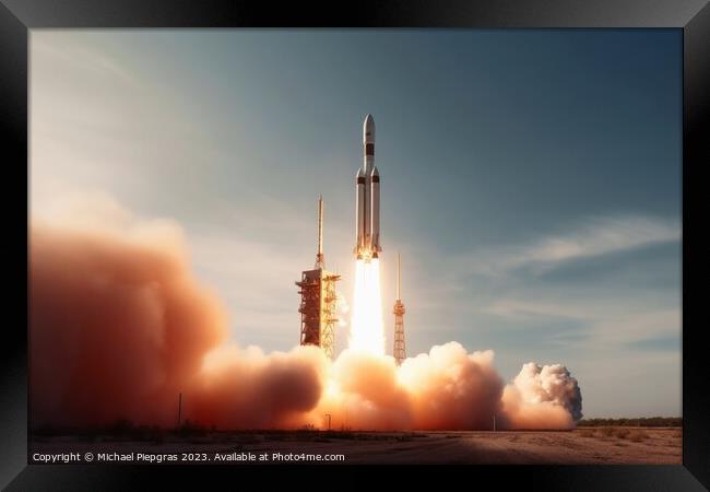 A modern rocket launching from earth created with generative AI  Framed Print by Michael Piepgras