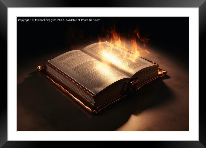A shining holy bible with a glowing halo created with generative Framed Mounted Print by Michael Piepgras