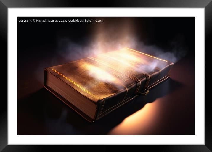 A shining holy bible with a glowing halo created with generative Framed Mounted Print by Michael Piepgras
