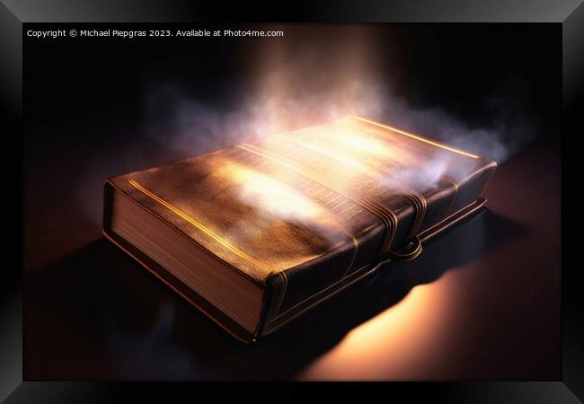 A shining holy bible with a glowing halo created with generative Framed Print by Michael Piepgras