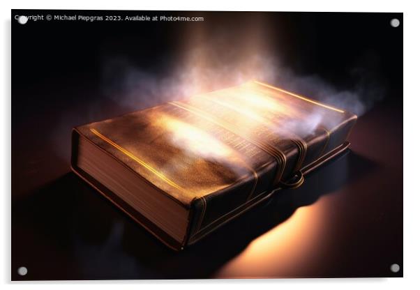 A shining holy bible with a glowing halo created with generative Acrylic by Michael Piepgras