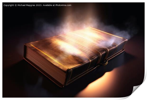 A shining holy bible with a glowing halo created with generative Print by Michael Piepgras