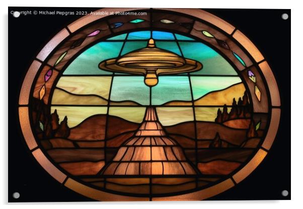 A stained glass scene of a UFO landing created with generative A Acrylic by Michael Piepgras