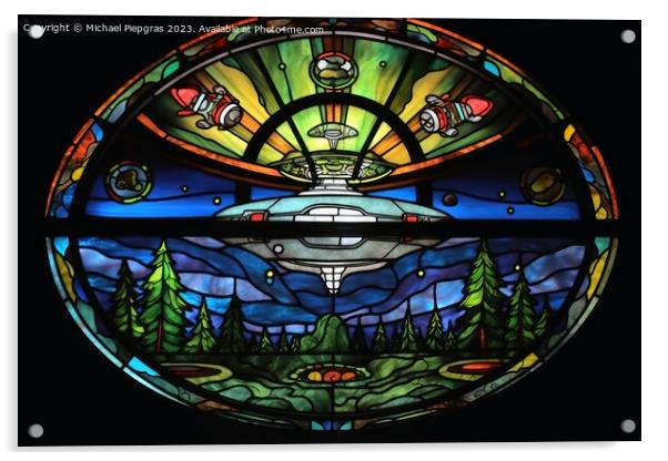 A stained glass scene of a UFO landing created with generative A Acrylic by Michael Piepgras