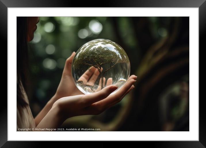 A tree inside of a glass sphere held by a female hand created wi Framed Mounted Print by Michael Piepgras