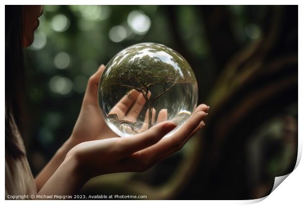 A tree inside of a glass sphere held by a female hand created wi Print by Michael Piepgras
