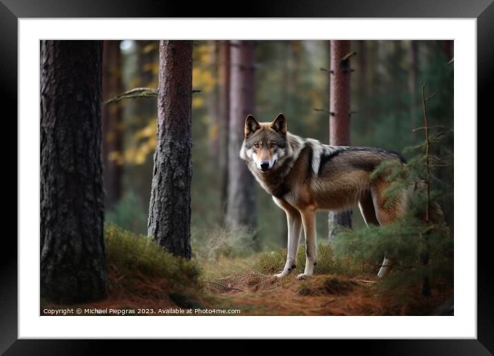 A wolf in a northern european forest created with generative AI  Framed Mounted Print by Michael Piepgras