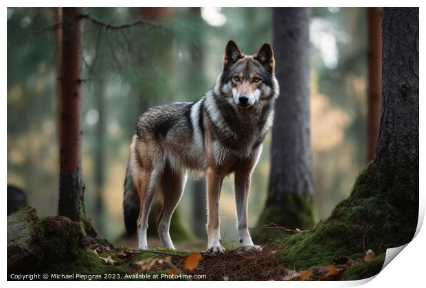 A wolf in a northern european forest created with generative AI  Print by Michael Piepgras