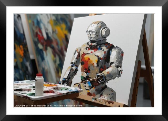 AI robot is painting an artwork created with generative AI techn Framed Mounted Print by Michael Piepgras