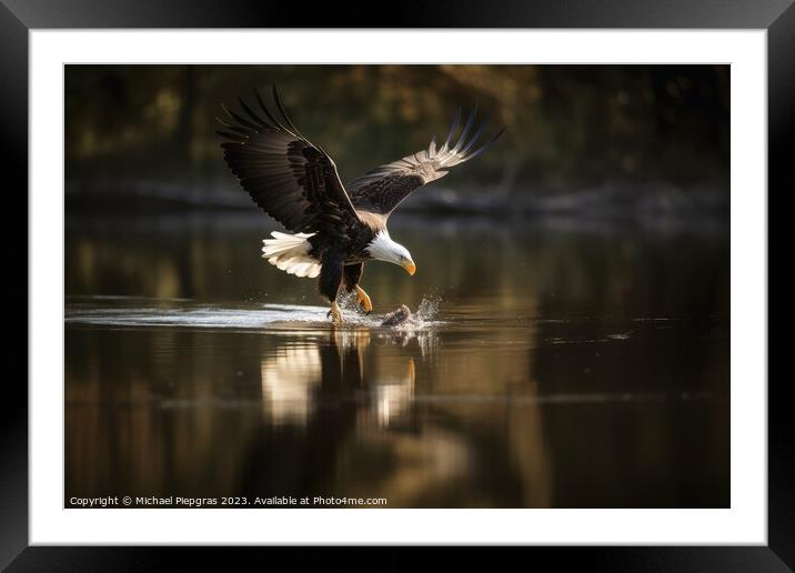 An eagle in flight catching fish from a lake created with genera Framed Mounted Print by Michael Piepgras