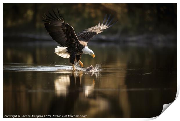 An eagle in flight catching fish from a lake created with genera Print by Michael Piepgras