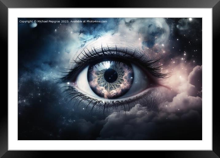 An eye made of clouds with a universe background  created with g Framed Mounted Print by Michael Piepgras