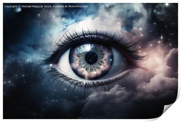 An eye made of clouds with a universe background  created with g Print by Michael Piepgras