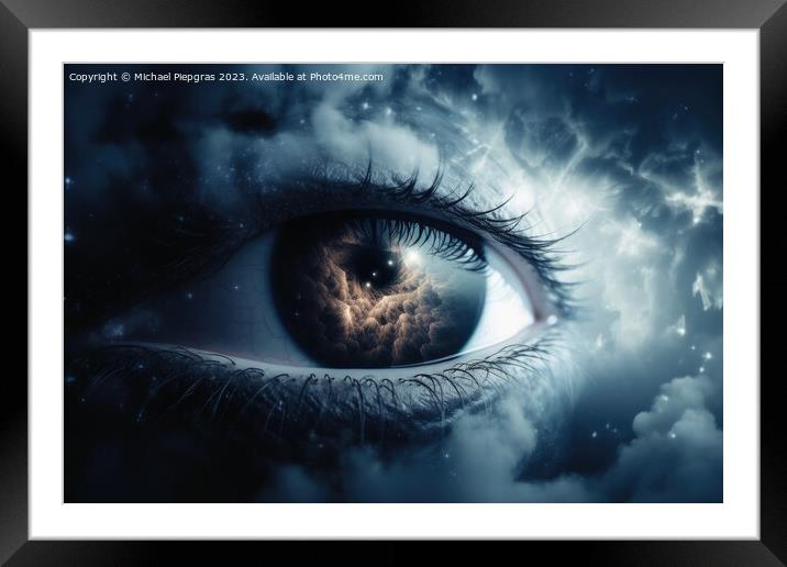 An eye made of clouds with a universe background  created with g Framed Mounted Print by Michael Piepgras