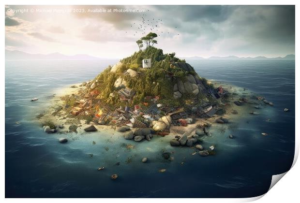 An island of plastic waste floating in the ocean created with ge Print by Michael Piepgras